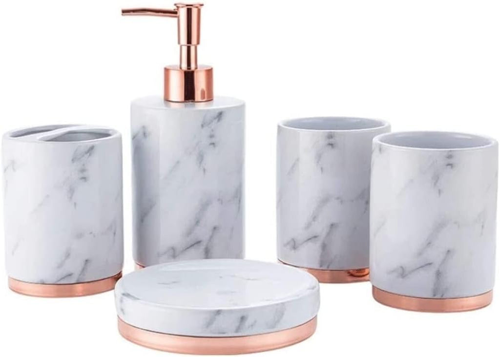 Vanity Bathroom Decor, Bathroom Accessory Set with Metal Base, 5 Piece Marble Pattern Bathroom Sets Accessories Soap Dispenser Soap Dish Housewarming Gift