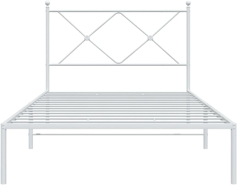 White Powder-Coated Steel Single Bed Frame with Headboard, Durable Metal Bed Frame for Adults, 39.4 x 78.7 Inches, Modern Design for Bedroom, Sturdy Construction and Easy