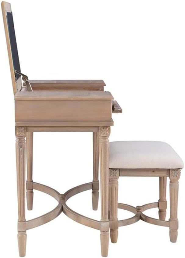 Linon Cyndi Wood Vanity & Padded Stool Set Flip Up Mirror 2 Drawers in Gray Wash