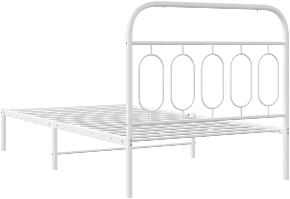 Metal Bed Frame with Headboard White Queen Size Steel Platform Base 39.4'x78.7' Sturdy Bedframe for Bedroom with Underbed Storage Space