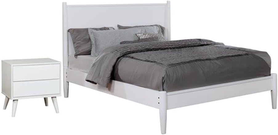 Allora 2pc Mid-Century Bedroom Set, Solid Wood & Veneer, White Finish, King Bed with Panel Headboard & Tapered Legs, Nightstand with 2 Drawers, Modern Minimalist Design for Bedroom Decor