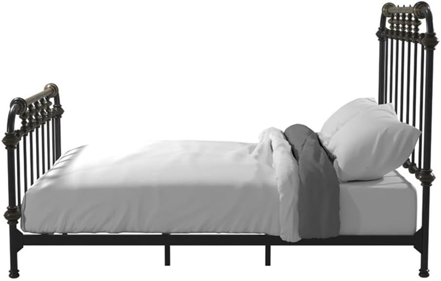 BOWERY HILL Transitional Metal Twin Spindle Bed, Antique Black Finish, Powder-Coated Steel Construction, 80.75 x 43.5 x 54.75 in, Headboard and Footboard Slats, Antique Gold Accents for Bedroom Use