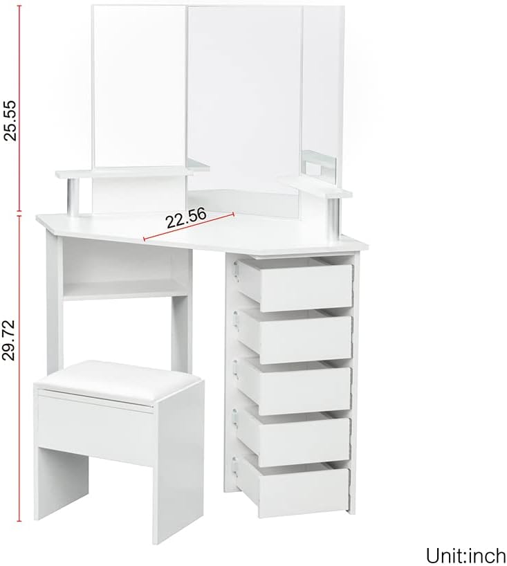 Corner Vanity Unit, Vanity Unit with Mirror Drawers, Modern Bedroom Corner Freestanding Floor-to-Ceiling Storage Unit with Shelves, Bench Not Included