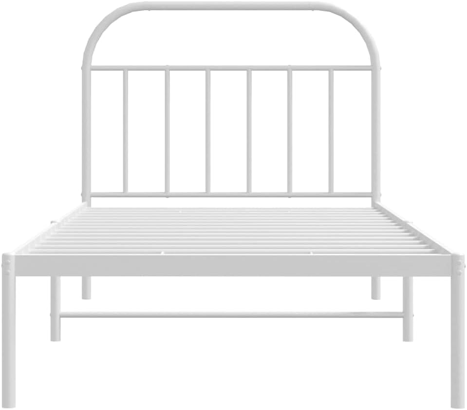 White Powder-Coated Steel Twin Bed Frame with Headboard, Durable Metal Construction for Modern Bedroom, Space Efficient Design for Compact Areas, Includes Assembly