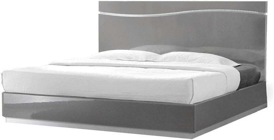 3-Piece Modern Bedroom Set, Eastern King Platform Bed with 2 Nightstand, LED Lighting, High Gloss Lacquer Finish, Gray