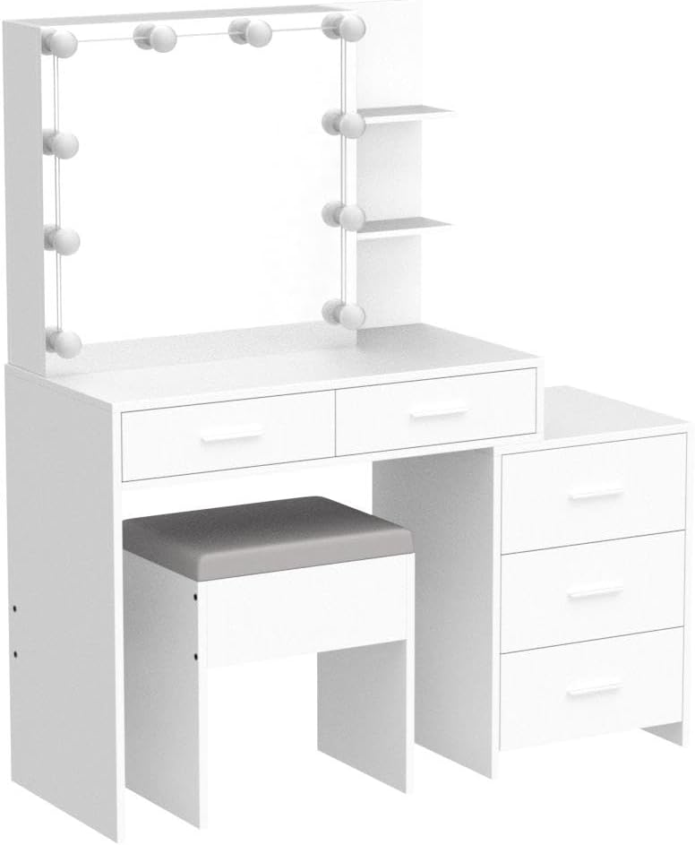 Karl home Lighted Vanity Desk with Sliding Mirror White Makeup Table with 5 Drawers, Storage Shelves, Cushioned Stool, LED Dressing Table Set for Women