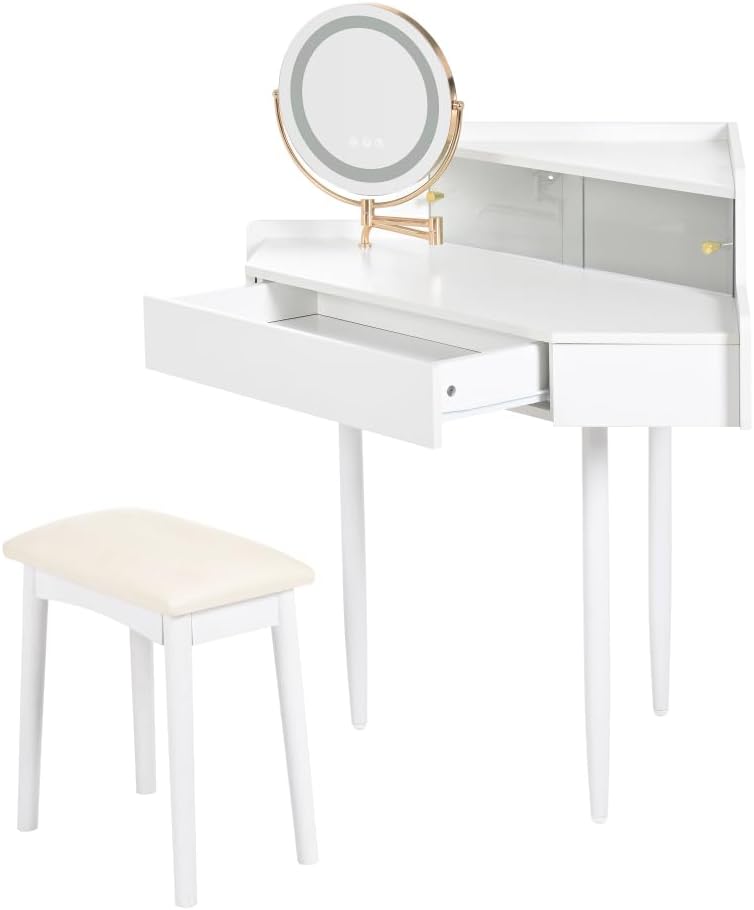 Modern Corner Makeup Vanity Desk with Large Storage, LED Mirror & Stool, Brightness Adjustable, Space-Saving for Small Places, White