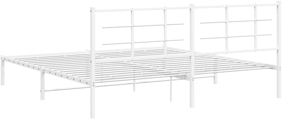 White Powder-Coated Steel Double Bed Frame with Headboard, Modern Metal Bed Frame for Bedroom, Durable Support Structure, Contemporary Design for Interior Decor