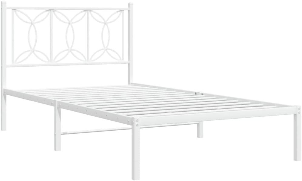 White Metal Bed Frame with Headboard Steel Platform Base 39.4'x78.7' Twin/Queen Size Sturdy Bedframe for Bedroom with Underbed Storage Space