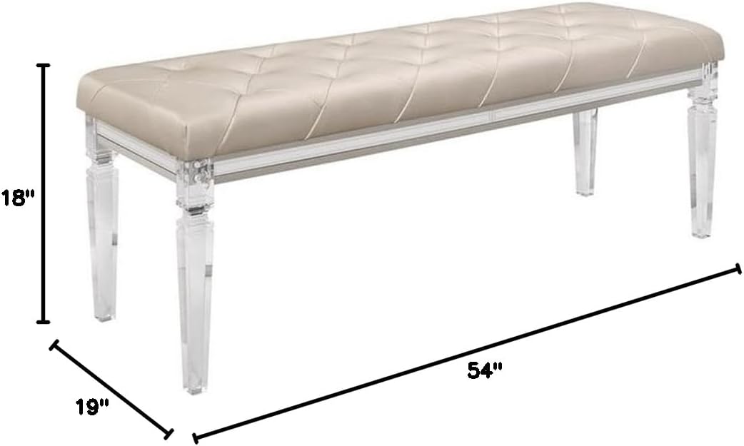 Pemberly Row Modern Transitional Bedroom Bench, Beige Upholstered Tufted Seating, Acrylic Legs, Mirrored Accents, MDF Frame, Polyurethane Padding, Sturdy Construction, Stylish Bedroom Furniture