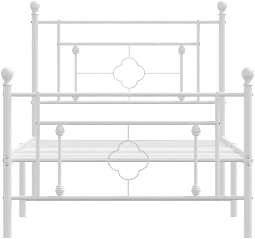 White Powder-Coated Steel Bed Frame 39.4x78.7 Inches, Modern Minimalist Design with Footboard, Durable Metal Platform for Adult Bedroom, Space-Saving Sturdy Construction,
