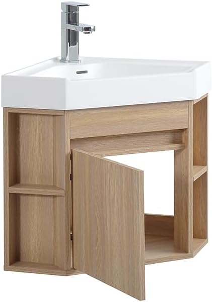 Tennant Brand 18 Inch Wall Mount Corner Bathroom Vanity with Matte Solid Surface (Light Oak)