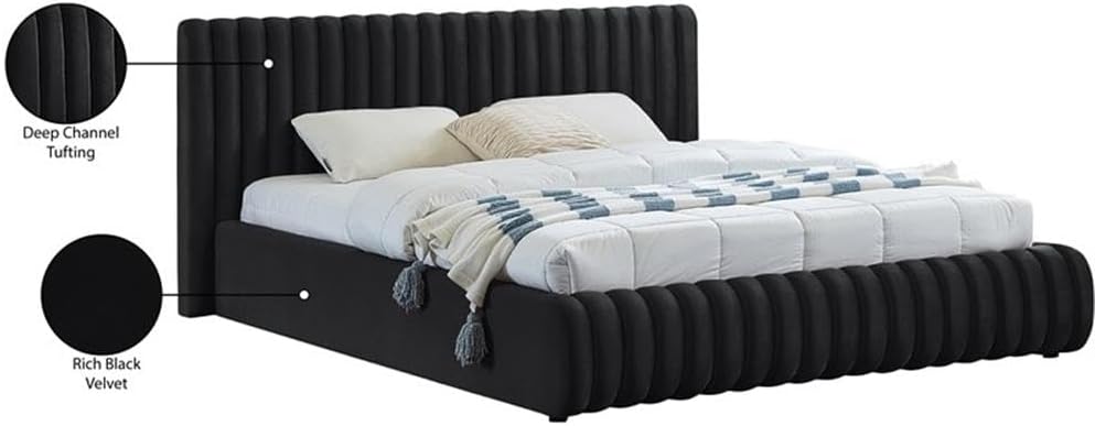 Pemberly Row Full Bed, Rich Black Velvet Upholstery, Deep Channel Tufting, 68' W x 86' D x 38' H, Contemporary Design, Upholstered Headboard and Footboard, Modern Bedroom Furniture