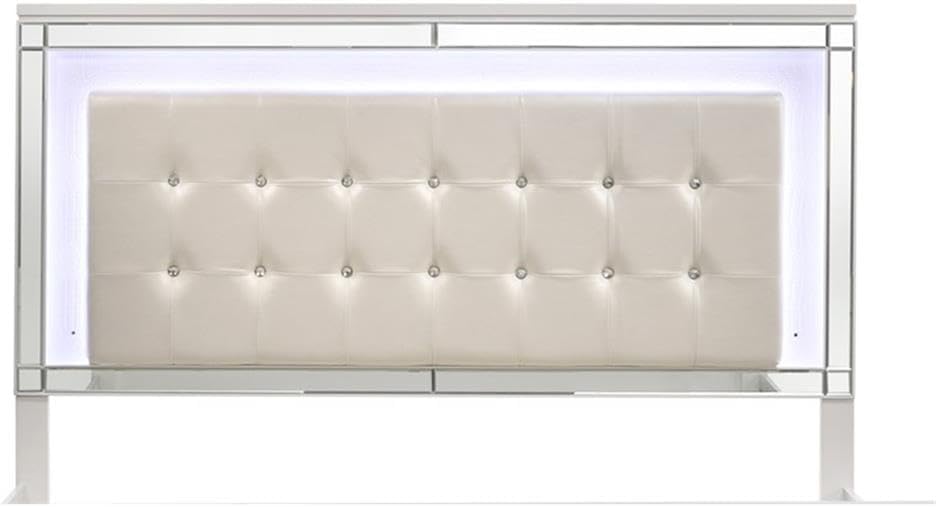 Pemberly Row Modern Solid Wood Queen Lighted Bed, White Finish, Hardwood Solids and Veneers, Embossed Inlay, Lighted Headboard, Durable and Functional Design for Bedroom Use