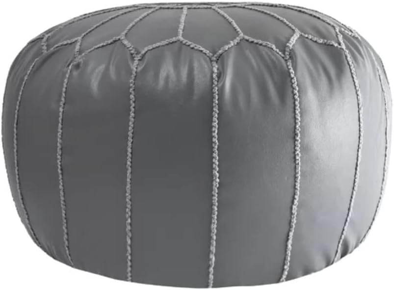 Classy Gray Faux Leather Round Pouf Ottoman 20'' | Stylish Tufted Footrest Vanity Stool Glamorous Touch Luxe Look, | Bench Fluffy Dorm Patio Perfect for Living Room, Bedroom, Lounge Cushioned