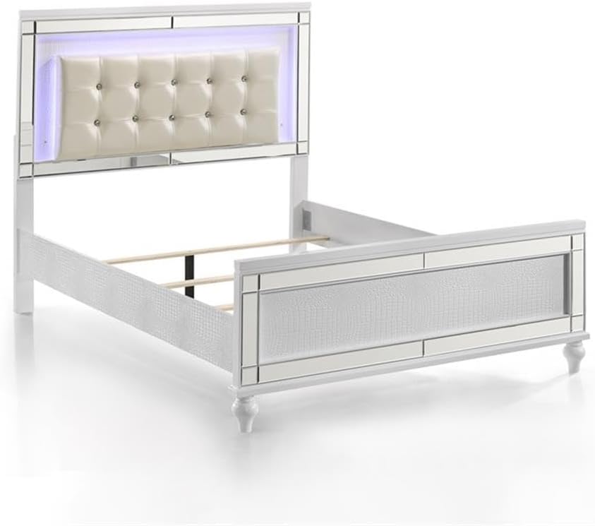 Pemberly Row Full Size Solid Wood Bed, White Finish, Lighted Headboard, Hardwood Solids and Veneers, Embossed Inlay, Contemporary Style Bedroom Furniture, 53.74' H x 76.97' W x 57.87' D