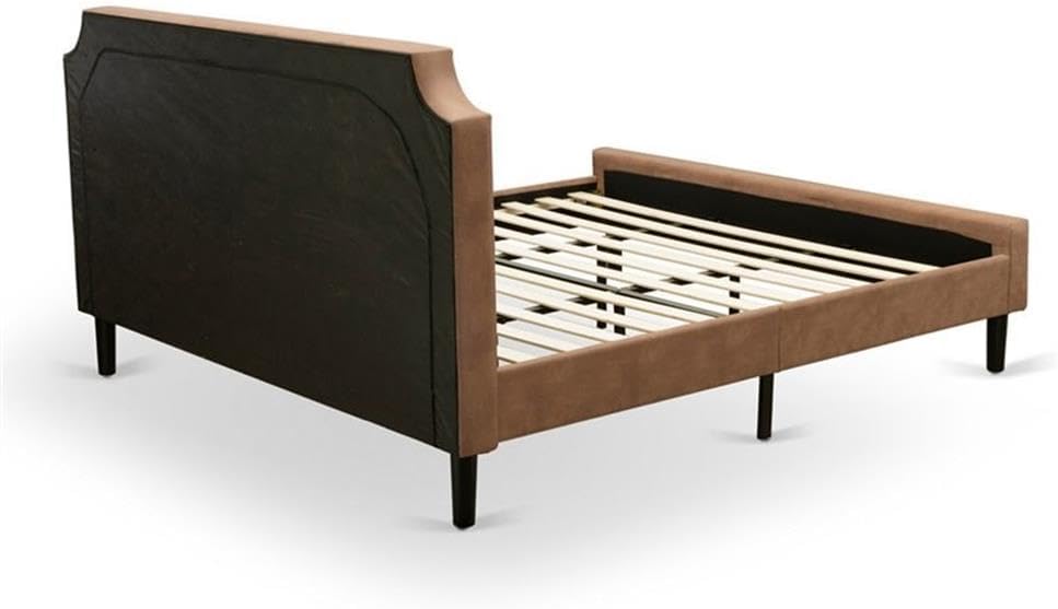 East West Furniture GB28K-1HI07 2-Piece Granbury Bedroom Set with Button Tufted King Bed and 1 Distressed Jacobean Bedroom Nightstand - Brown faux Leather with Brown Texture and Black Legs