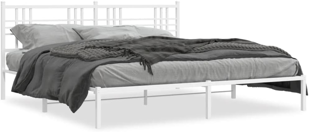 Metal Bed Frame with Headboard King Size White 76'x79.9' Sturdy Steel Platform Bed Frame for Bedroom Furniture, Heavy Duty Support & Underbed Storage Space
