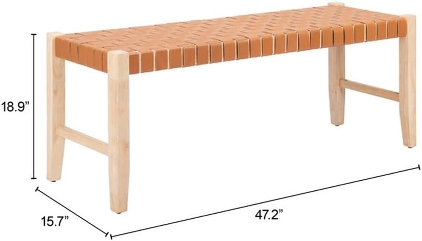 Pemberly Row Modern Solid Wood Bench, Tan Leather Upholstery, Rubberwood Legs, Seats 2, Rubber Feet for Floor Protection, Contemporary Style Vanity Bench for Indoor Living or Hospitality Spaces