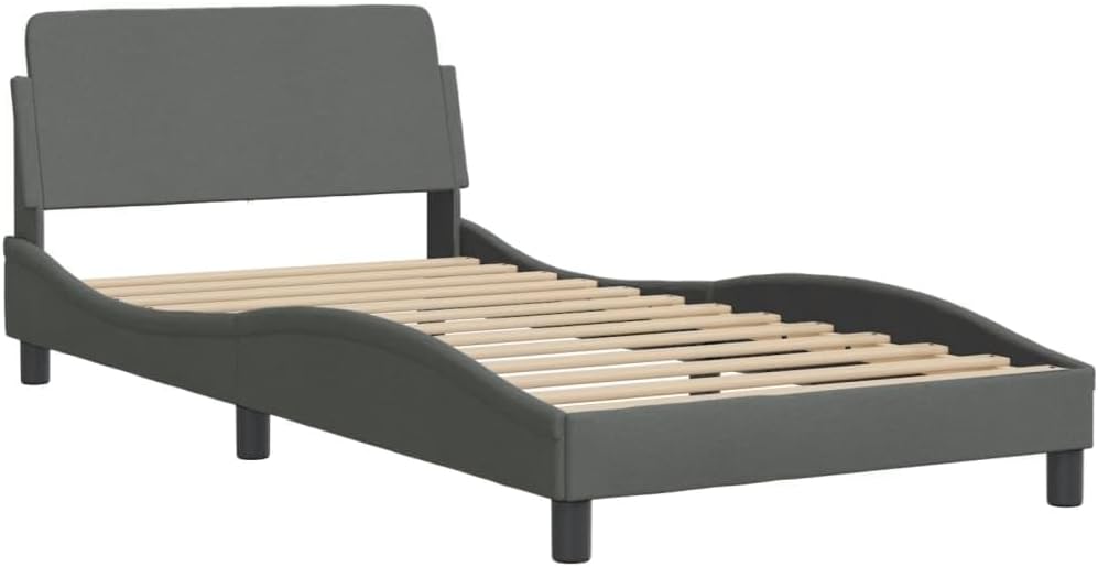 Upholstered Twin Platform Bed Frame with Headboard Dark Gray Fabric Bedframe Sturdy Modern Design for Bedroom Furniture