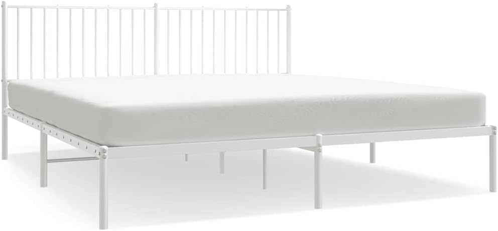 White Powder-Coated Steel Double Bed Frame with Headboard, 4-Piece Sturdy Metal Bed Frame Set for Modern Bedroom, Durable Support Structure and Underbed Storage Space, Easy