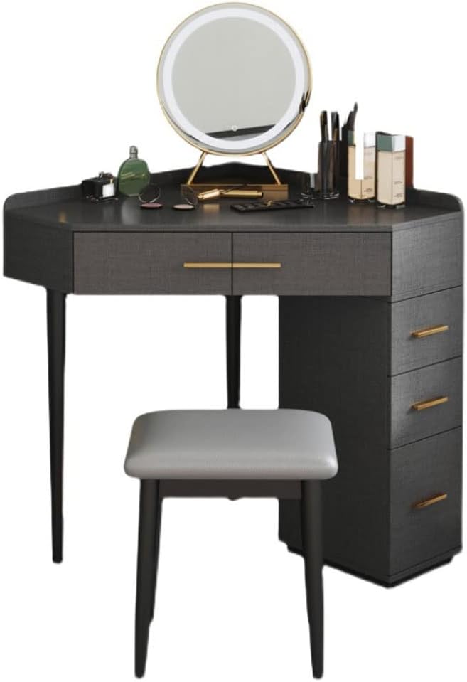 UNNS Bedroom Dresser Assembled Corner Dresser Right Angle Integrated Vanity Table with Stool, LED Mirror, Multiple Drawers (Color : A)