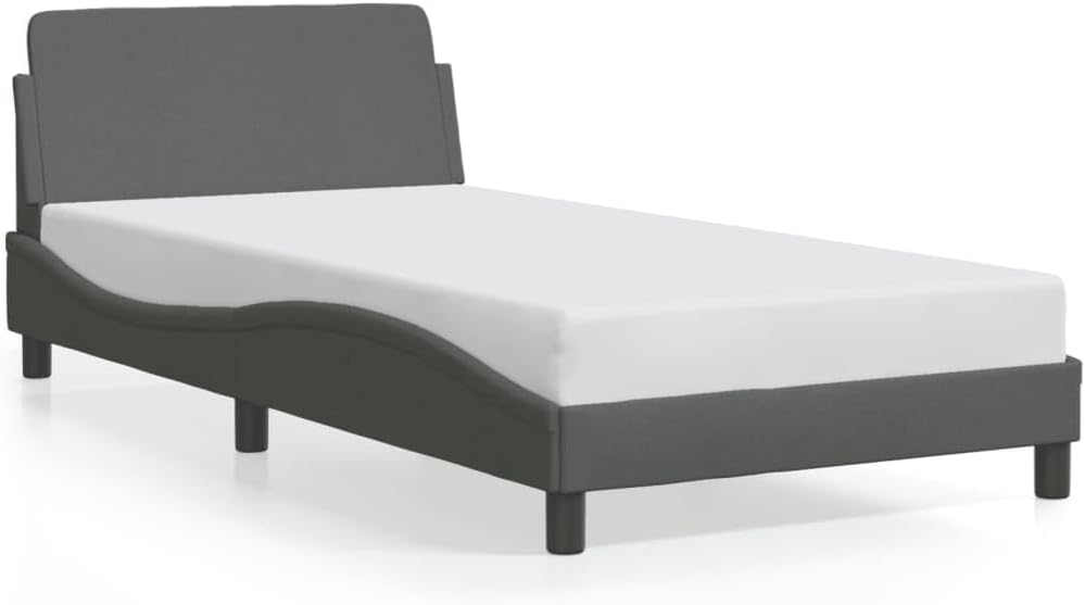 Upholstered Twin Platform Bed Frame with Headboard Dark Gray Fabric Bedframe Sturdy Modern Design for Bedroom Furniture