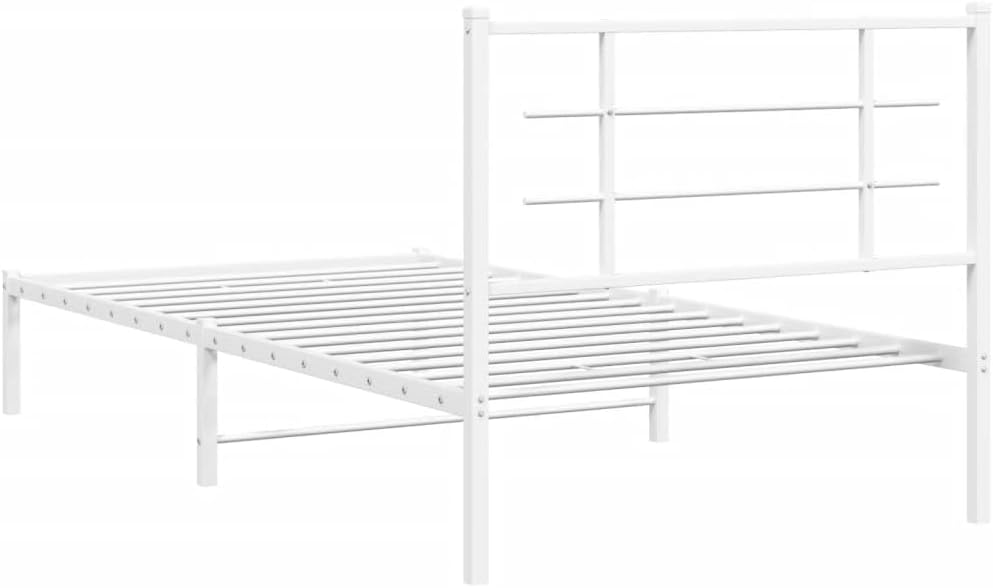 White Powder-Coated Steel Single Bed Frame with Headboard, Sturdy Metal Bed Frame for Adults, Modern Design, Easy Assembly, Durable Construction, 1 Piece