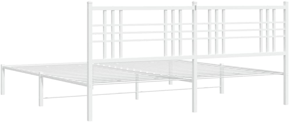 White Metal Bed Frame with Headboard 76'x79.9' King Size Steel Platform Bedframe Sturdy Bed Base with Underbed Storage Space for Bedroom Furniture