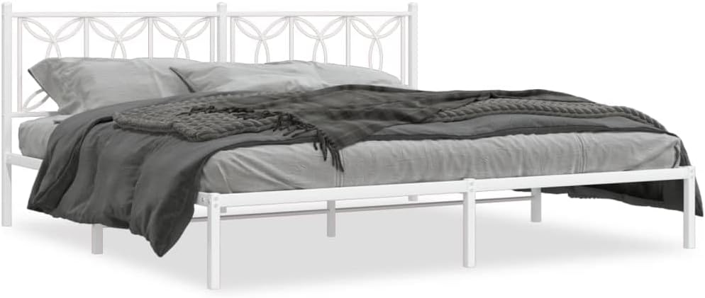 Metal Bed Frame with Headboard White 76'x79.9' Queen Platform Bed Frame Steel Construction Underbed Storage Space Sturdy Bedframe for Bedroom Furniture Assembly Required