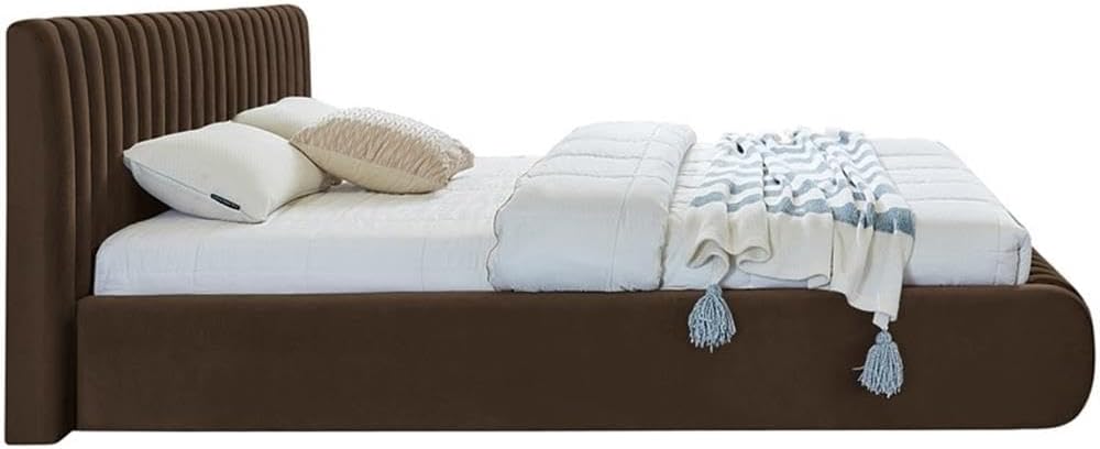 Pemberly Row Contemporary Queen Bed, 74' W x 91' D x 38' H, Rich Brown Velvet Upholstery, Deep Channel Tufting, Padded Headboard, Modern Style Bedroom Furniture, Elegant Design