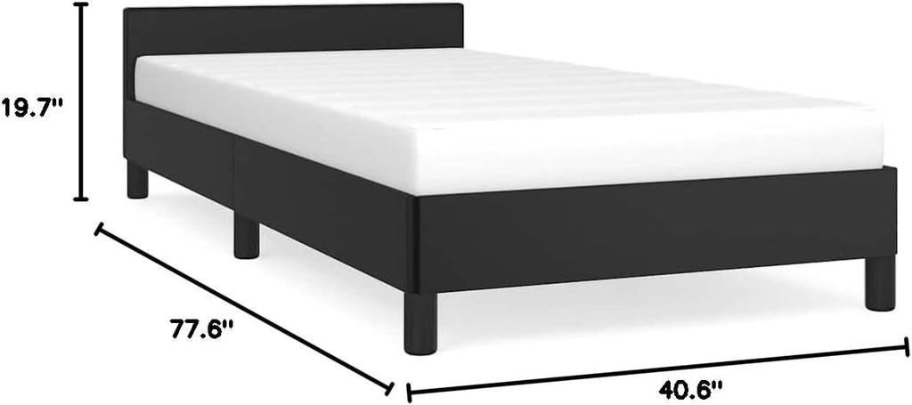 Twin Bed Frame with Headboard Black Faux Leather, Minimalist Scandinavian Style Solid Wood Frame with Ample Underbed Storage and Sturdy Slat Design for Modern Adult Spaces