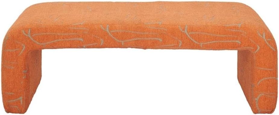 Pemberly Row Modern Solid Wood Vanity Bench, Abstract Orange Polyester Fabric, Rubberwood Frame, Durable Construction, Contemporary Design, Ideal for Living Room, Bedroom, or Entryway