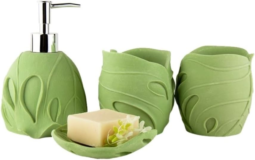 Vanity Bathroom Decor, Leaf Shape Sandstone Bathroom Accessory Set 4 Pieces Bathroom Set Included Soap Dispenser Soap Tray Housewarming Gift(Green)