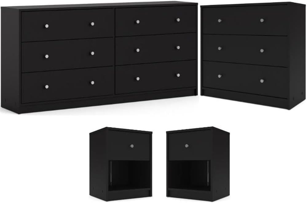 Home Square 4-Pc Scandinavian Design Bedroom Furniture Set with 3-Drawer Chest, 6-Drawer Double Dresser & Two 1-Drawer Nightstands, Plastic Pewter Handles and Smooth Glides, in Black