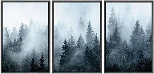 SIGNWIN Framed Canvas Print Wall Art Set Winter Fog Mist Pine Tree Mountain Forest Nature Wilderness Photography Modern Art Landscape Relax/Calm for Living Room, Bedroom, Office - 24'x36'x3 Black