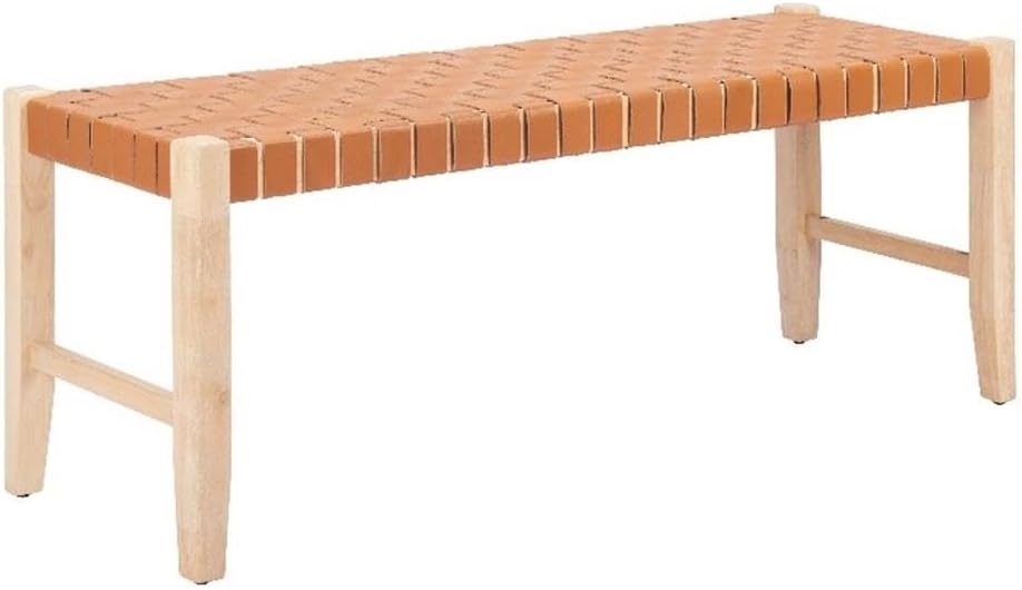 Pemberly Row Modern Solid Wood Bench, Tan Leather Upholstery, Rubberwood Legs, Seats 2, Rubber Feet for Floor Protection, Contemporary Style Vanity Bench for Indoor Living or Hospitality Spaces