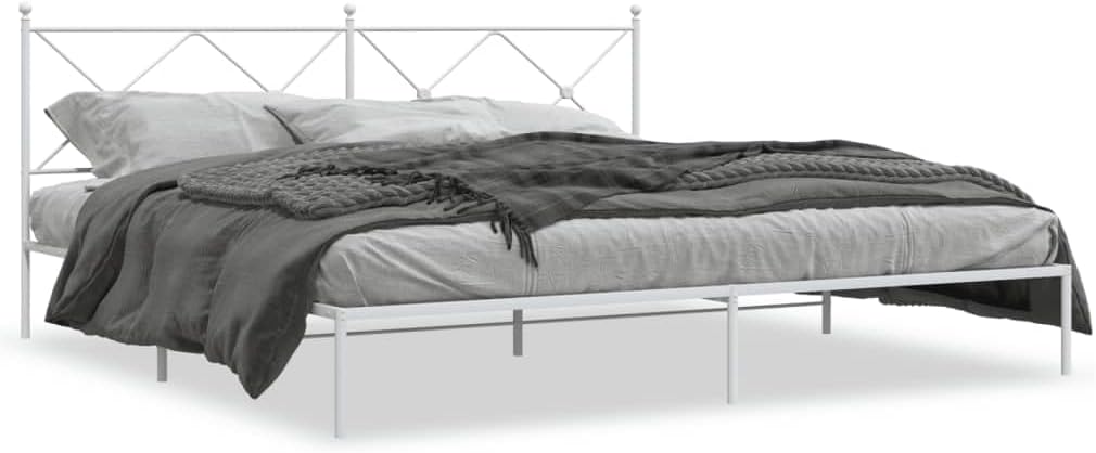 Metal Bed Frame with Headboard White King Size 76'x79.9' Steel Platform Bed Frame with Underbed Storage Space Sturdy Construction for Bedroom Furniture