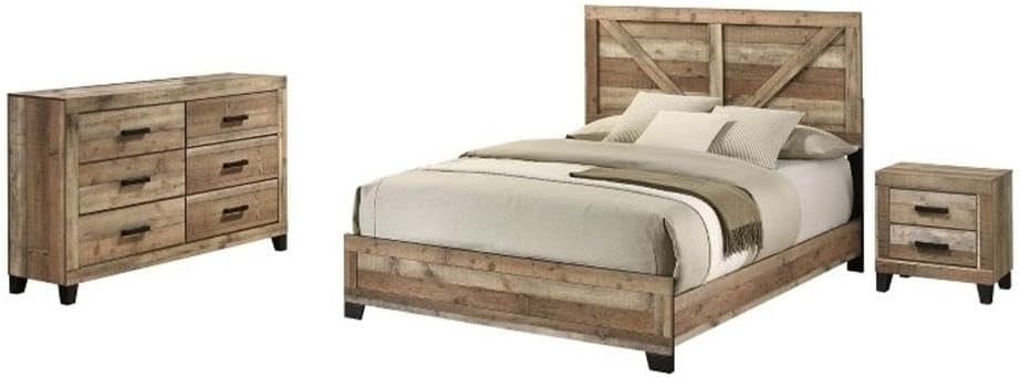 Best Quality Furniture 3 Piece Weathered Brown Pine Wood Bedroom Set in King