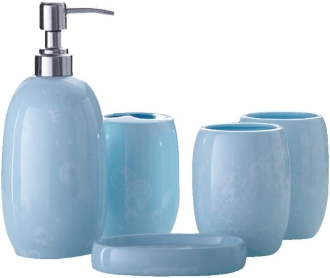 Vanity Bathroom Decor, Bathroom Accessory Sets Ceramic Simple Wash Five-Piece Jade Ice Porcelain 5 Bathroom Set Solid Color Housewarming Gift(Blue)