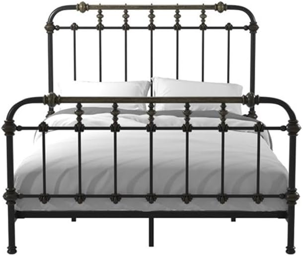 BOWERY HILL Farmhouse Metal Queen Spindle Bed, Antique Black Finish, Steel Construction, Powder-Coated with Gold Accents, Headboard and Footboard Slats, 85.63 x 64.25 x 54.75 in for Bedroom Use