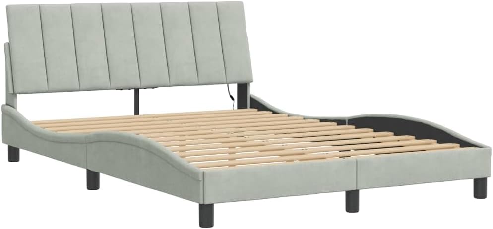 Full Size Upholstered Bed Frame with Headboard Light Gray Velvet Platform Bed Frame Modern Waved Design Wooden Slats Sturdy Support for Bedroom Furniture