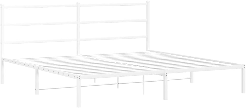 Metal Bed Frame with Headboard King Size White Steel Platform Bedframe Sturdy Underbed Storage Space for Bedroom Furniture