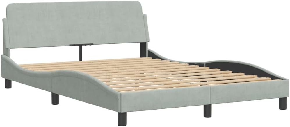 Full Size Upholstered Bed Frame with Headboard Light Gray Velvet Platform Bed Frame Modern Waved Design Wooden Slats Sturdy Support for Bedroom Furniture