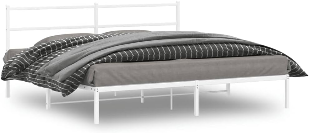 King Metal Bed Frame with Headboard White 76'x79.9' Sturdy Steel Platform Bedframe with Underbed Storage Space for Bedroom Furniture