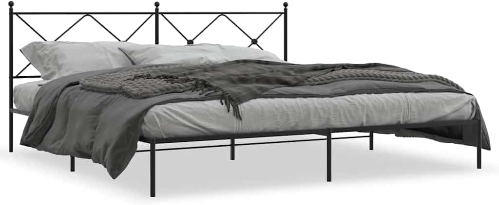 Black Powder-Coated Steel Double Bed Frame with Headboard, Modern Design and Sturdy Construction for Stable Support, Easy Assembly and User-Friendly Care, Compact Size