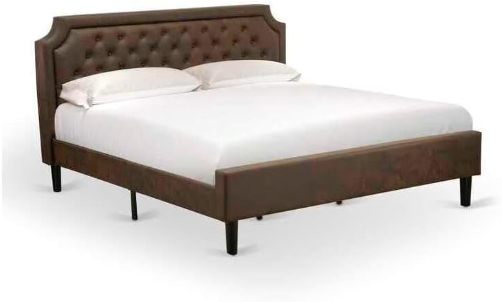 HomeStock Retro Renaissance 2 Piece King Bedroom Set with a King Bed and 1 Wire Brushed Black End Table Dark Brown Faux Leather with Black Texture and Black Legs