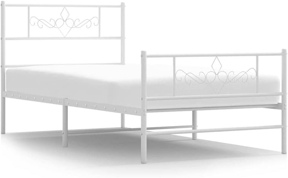 Metal Bed Frame with Footboard White Queen Size Platform Bed Frame 39.4'x78.7' Steel Construction Sturdy Bedframe with Storage Space for Bedroom Furniture