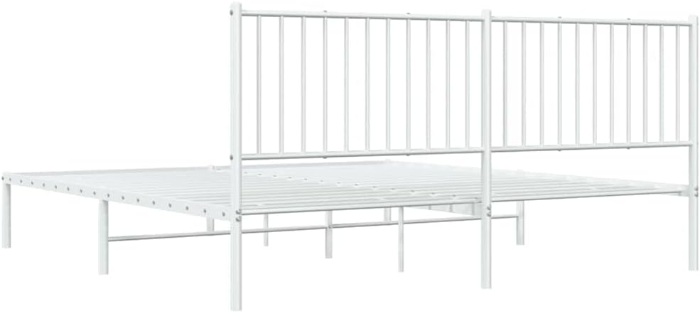 White Powder-Coated Steel Double Bed Frame with Headboard, Modern Metal Bed Frame with Underbed Storage Space, Durable and Stable Support for Bedroom, Sleek Design