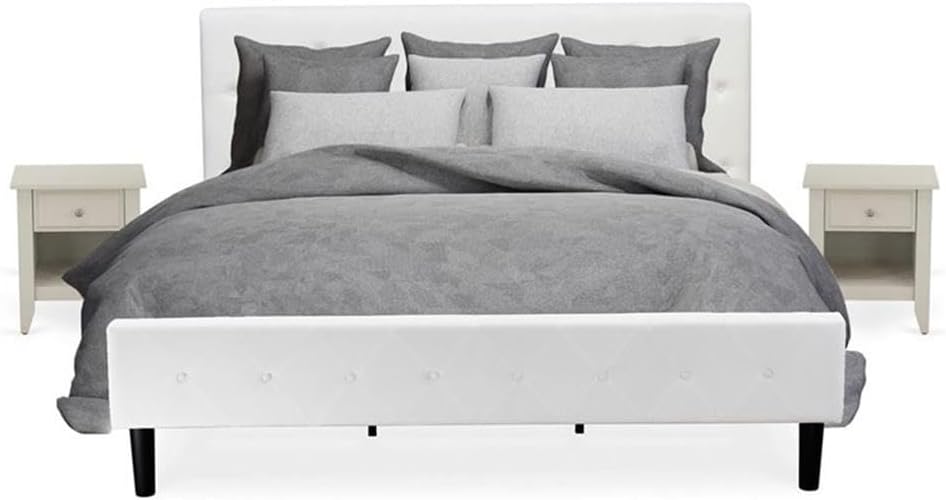 East West Furniture NL19K-2GA0C 3 Piece Modern Bedroom Set - King size Button Tufted Bed - Linen white Velvet Fabric Upholstered Headboard and a Wire Brushed Butter Cream Finish Nightstand